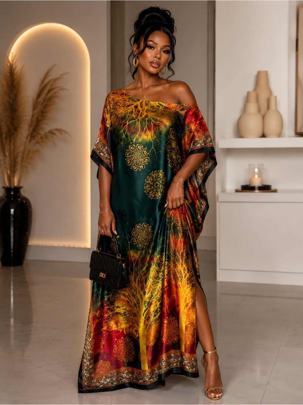Satin Kaftan Maxi Dress & Scarf Tree of Life Boho Resort Elegant Lounge Wear